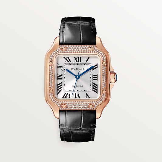 Cartier Santos Medium 35.1 mm Rose Gold Silver Dial Strap WJSA0012