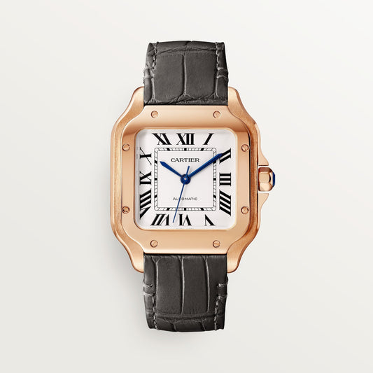 Cartier Santos Medium 35.1 mm 18k Rose Gold Silver Dial Strap WGSA0028