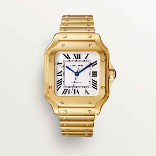 Cartier Santos Medium 35.1 mm 18k Yellow Gold Silver Dial Bracelet WGSA0030