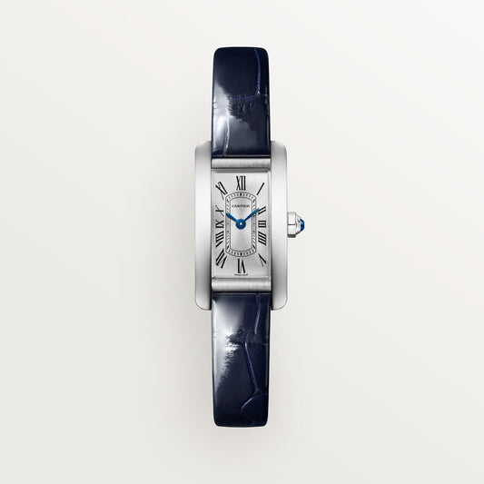 Cartier Tank Américaine Mini Steel Silver Sunray Dial Shiny Blue Strap WSTA0081