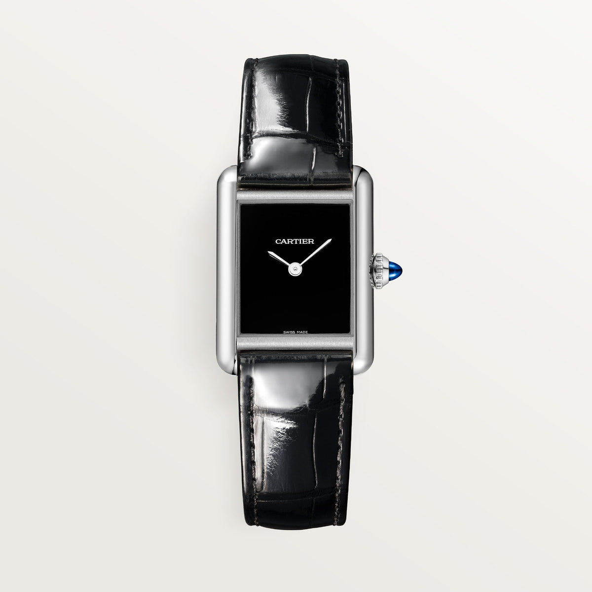 Cartier Tank Must Small Steel Black Dial Shiny Black Leather Strap WSTA0071