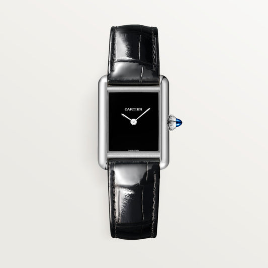 Cartier Tank Must Small Steel Black Dial Shiny Black Leather Strap WSTA0071