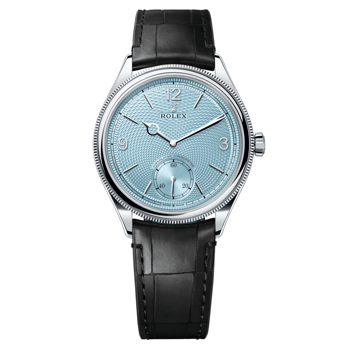 Rolex 1908 39 mm Platinum Ice Blue Matt Black Leather 52506-0003