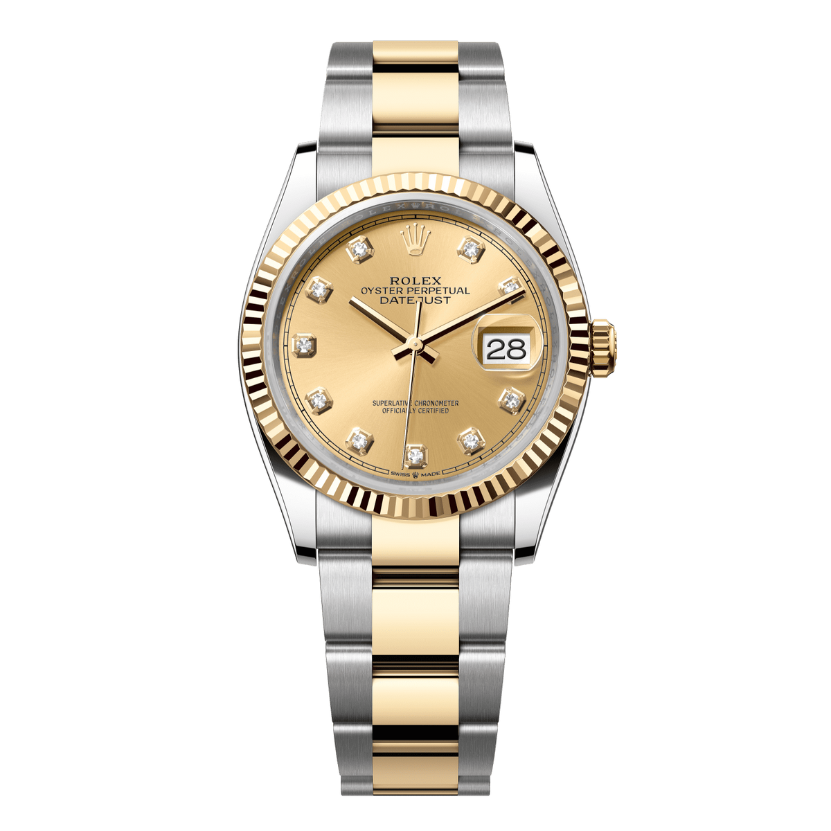 Rolex Datejust 36 mm Champagne Diamonds 18k Yellow Gold Oyster 126233-0018