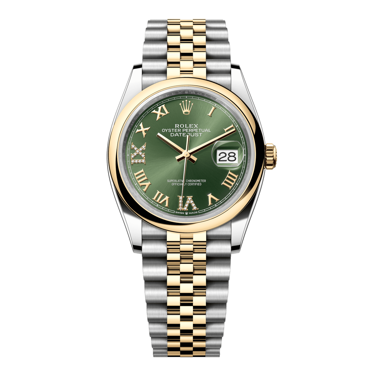 Rolex Datejust 36 mm Olive Green Diamonds 18k Yellow Gold Jubilee 126203-0025
