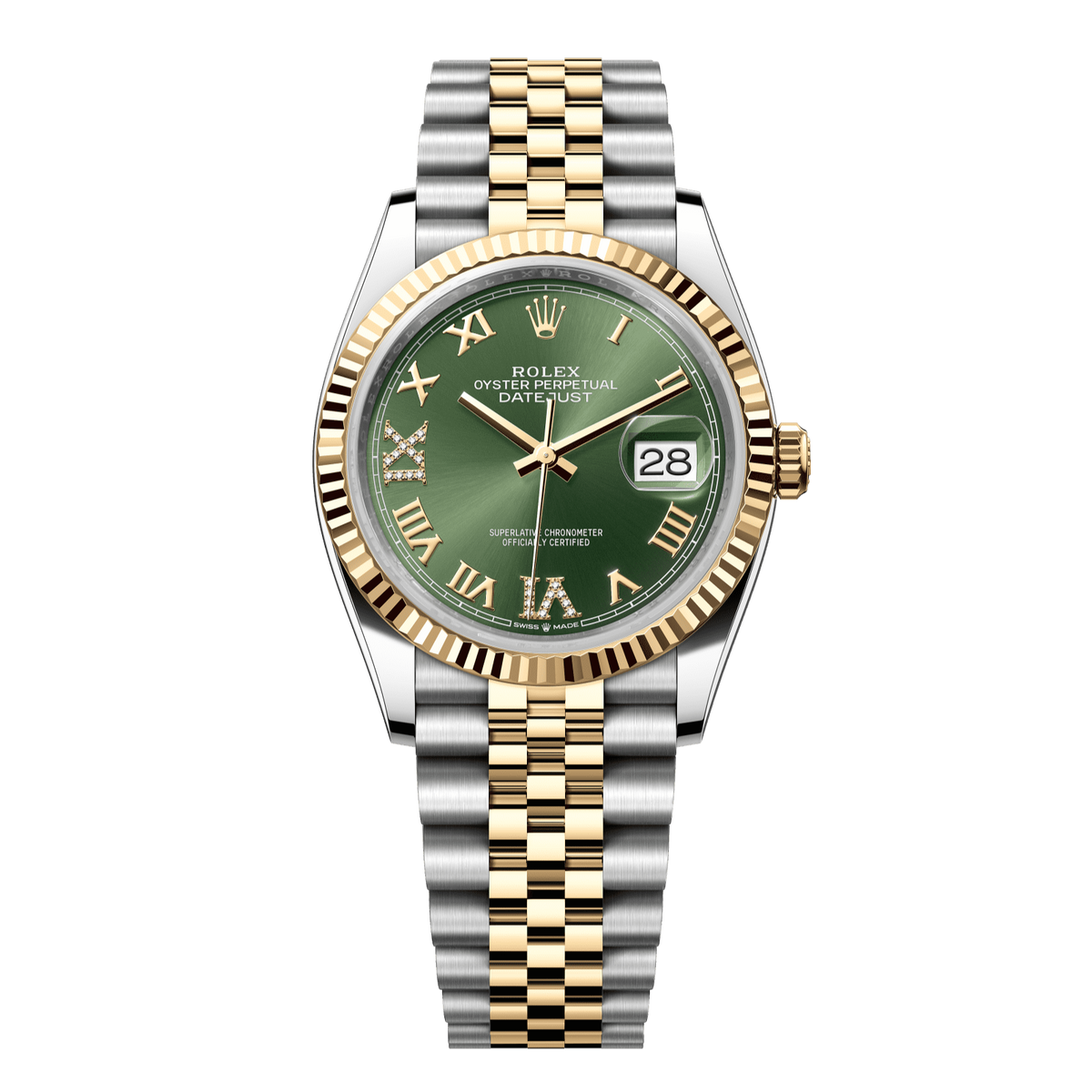 Rolex Datejust 36 mm Olive Green Diamonds 18k Gold Jubilee 126233-0025