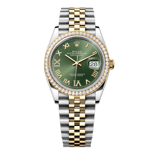 Rolex Datejust 36 mm Olive Green Diamonds 18k Yellow Gold Jubilee 126283rbr-0011