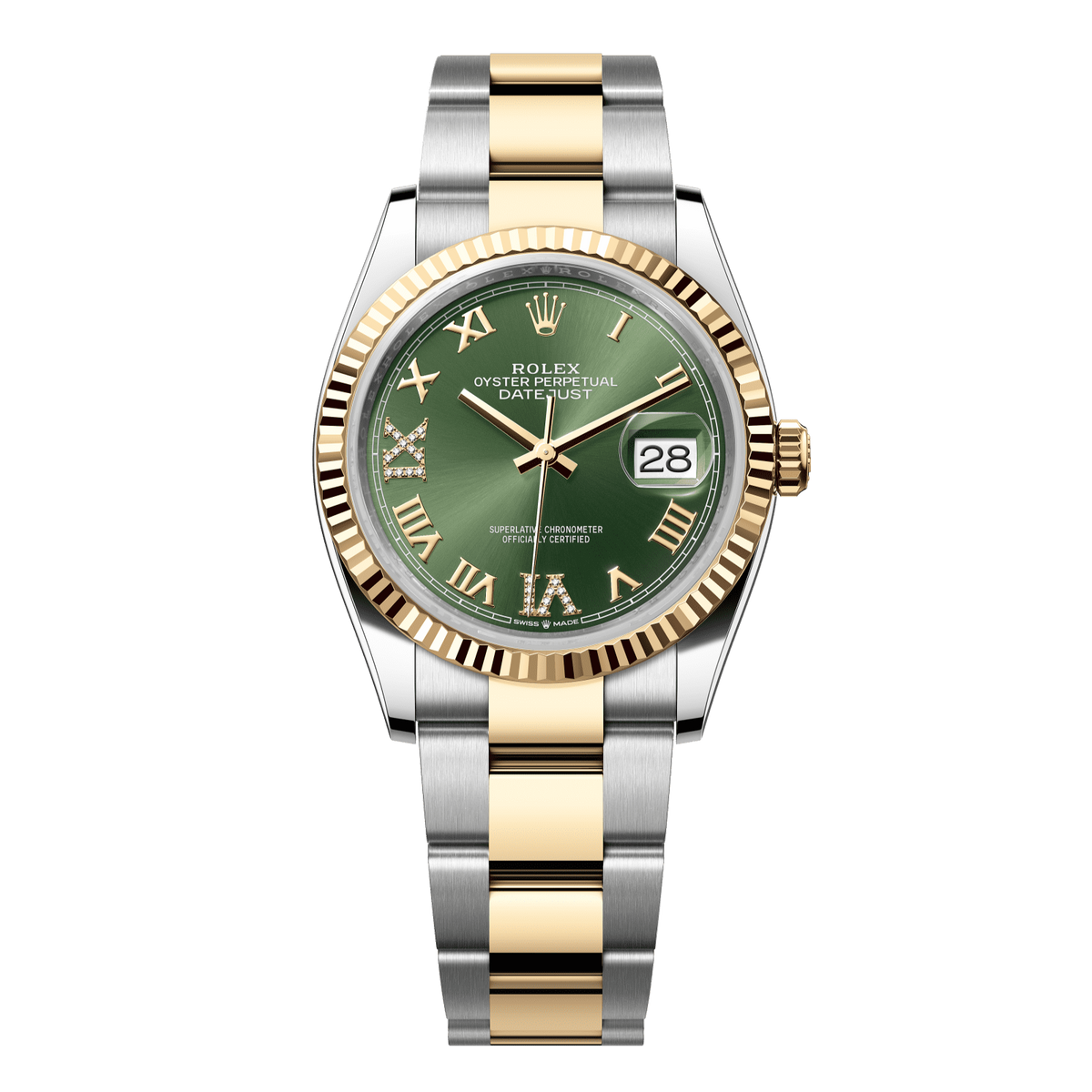Rolex Datejust 36 mm Olive Green Diamonds 18k Yellow Gold Oyster 126233-0026
