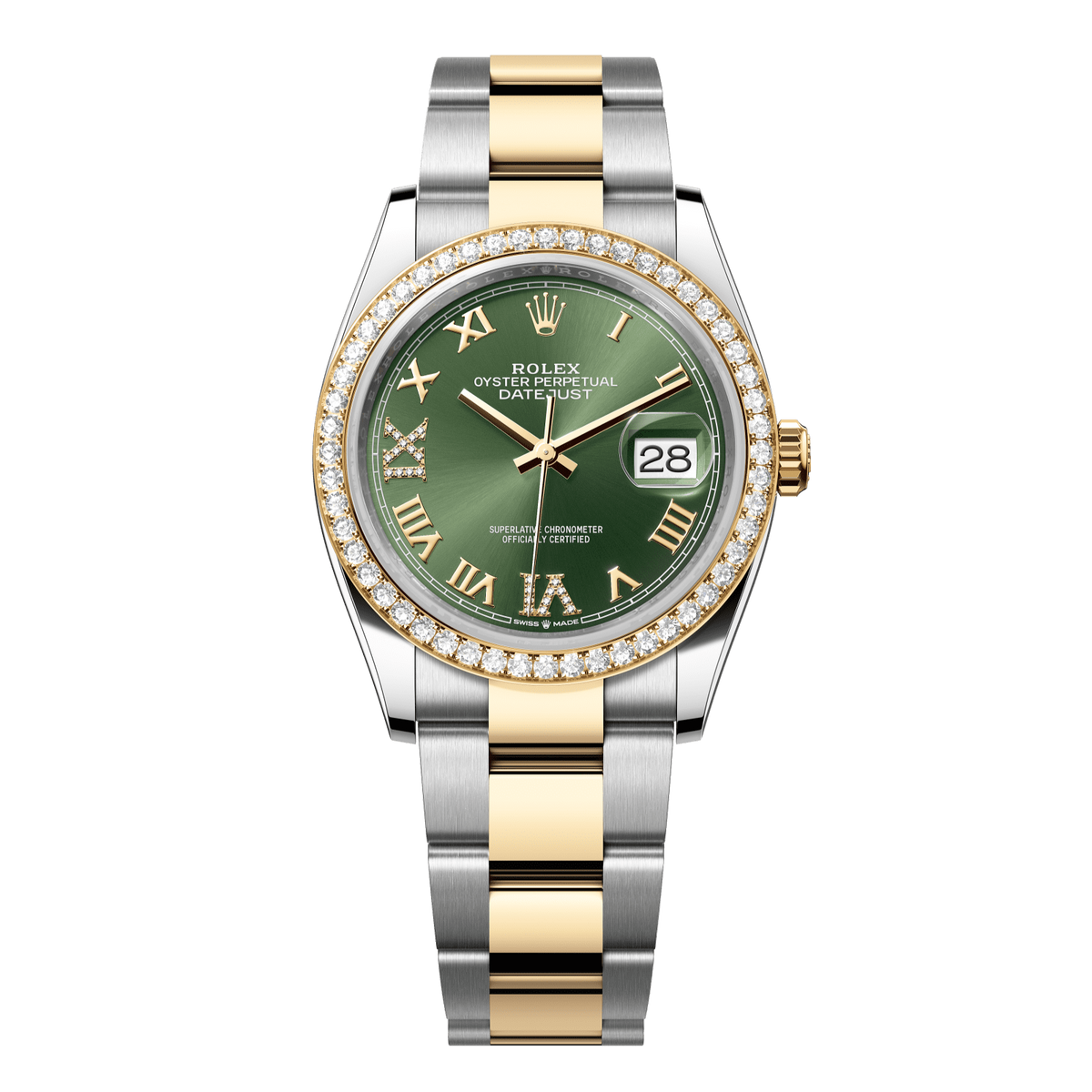 Rolex Datejust 36 mm Olive Green Diamonds 18k Yellow Gold Oyster 126283rbr-0012