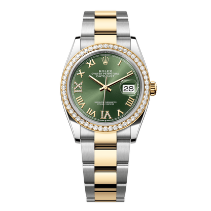 Rolex Datejust 36 mm Olive Green Diamonds 18k Yellow Gold Oyster 126283rbr-0012