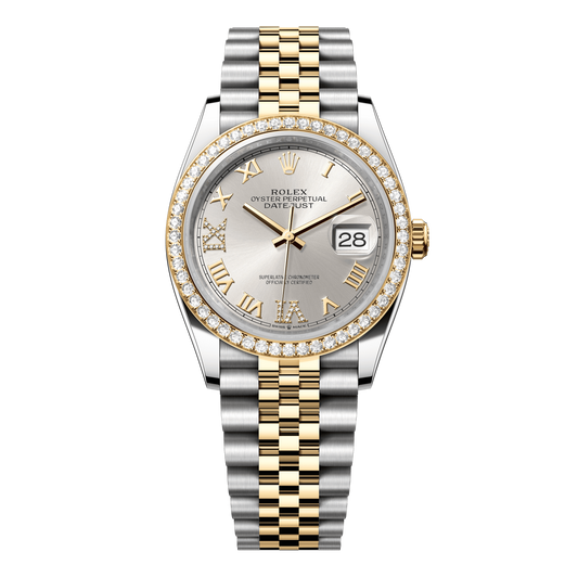 Rolex Datejust 36 mm Silver Diamonds 18k Yellow Gold Jubilee 126283rbr-0017