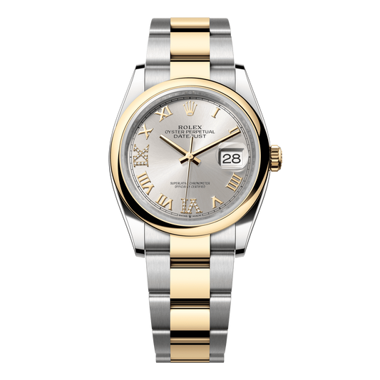 Rolex Datejust 36 mm Silver Diamonds 18k Yellow Gold Oyster 126203-0032