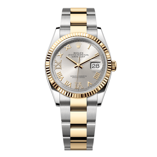 Rolex Datejust 36 mm Silver Diamonds 18k Yellow Gold Oyster 126233-0032