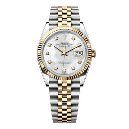 Rolex Datejust 36 mm White Mother-of-Pearl Diamonds 18k Yellow Gold Jubilee 126233-0023