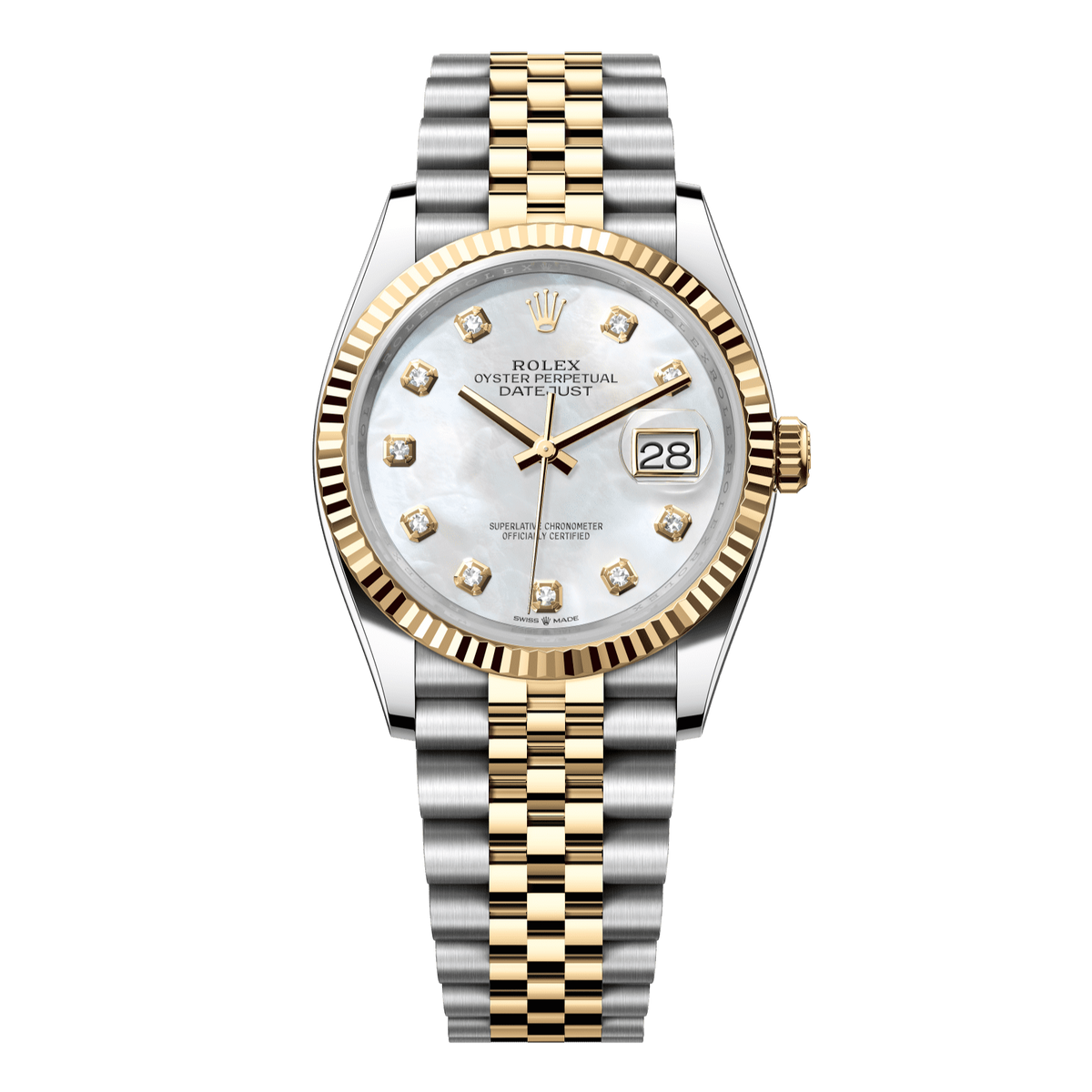 Rolex Datejust 36 mm White MOP Diamonds 18k Yellow Gold Jubilee 126233-0023
