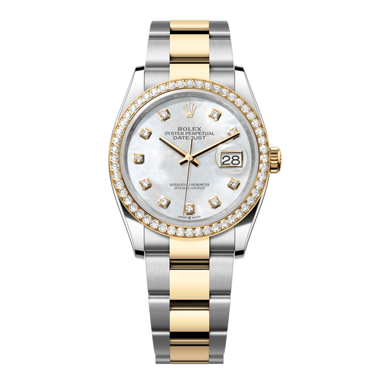 Rolex Datejust 36 mm White Mother-of-Pearl Diamonds 18k Yellow Gold Oyster 126283rbr-0010