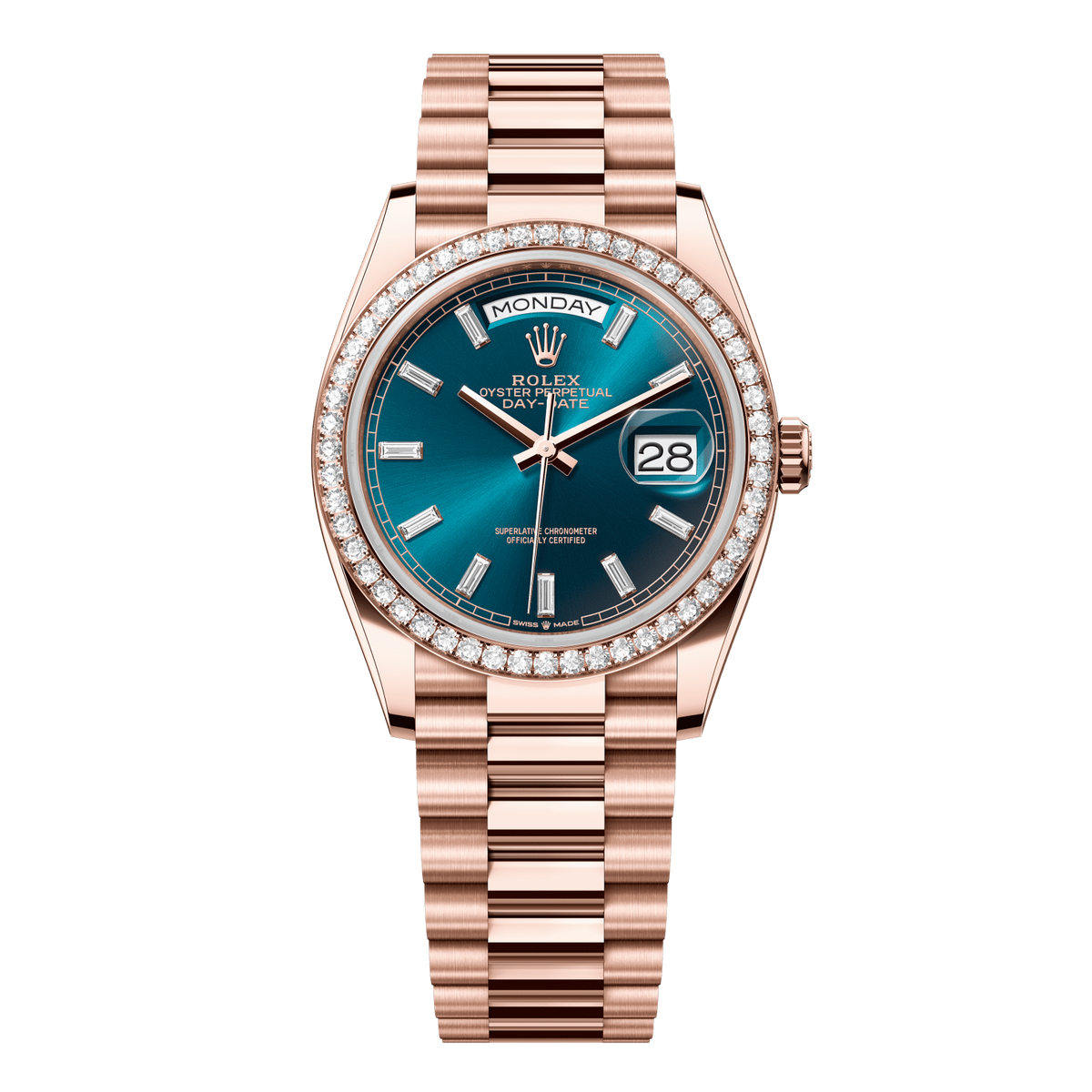 Rolex Day-Date 36 mm Blue-Green Diamonds 18k Everose Gold President 128345rbr-0083