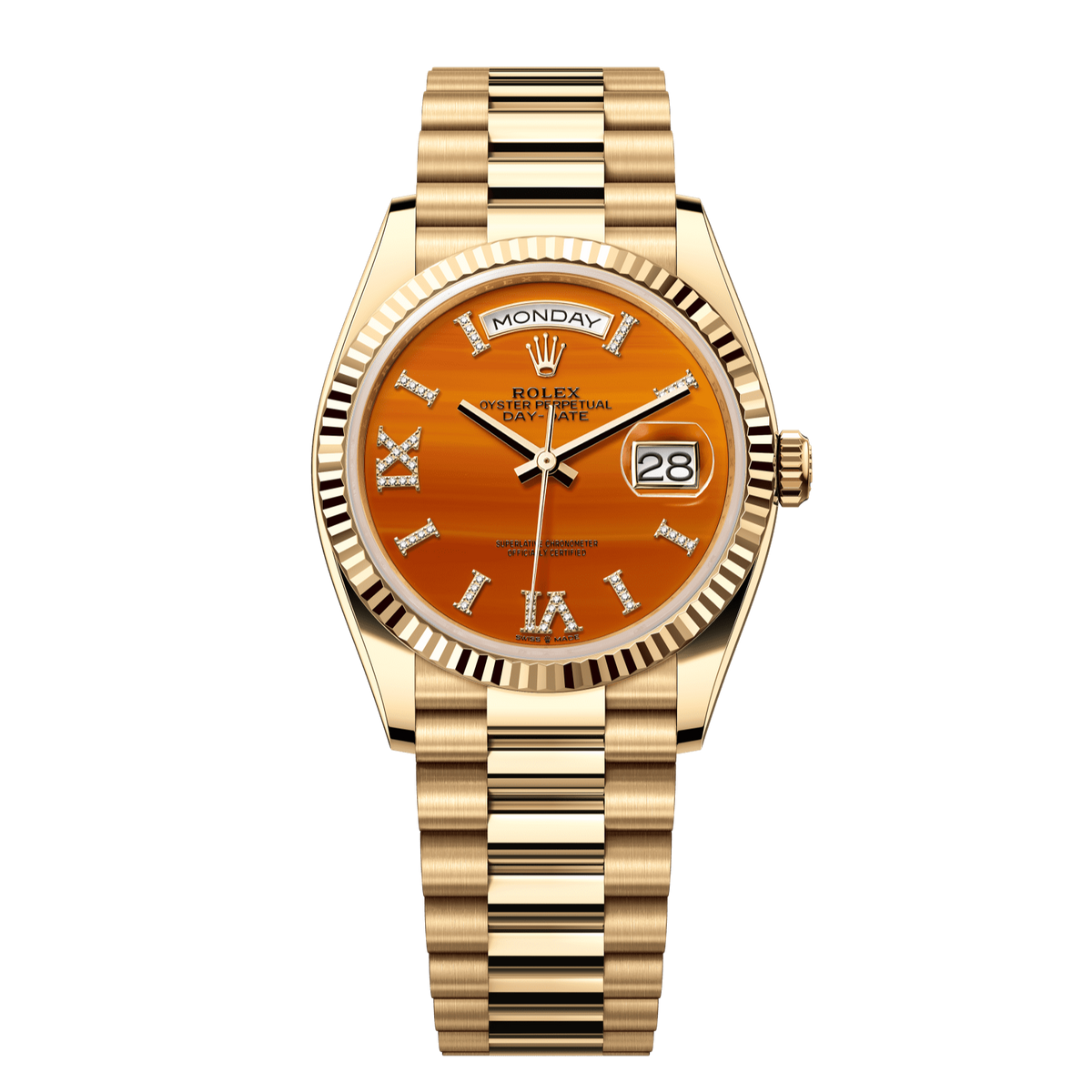 Rolex Day-Date 36 mm Carnelian Diamonds 18k Yellow Gold President 128238-0088