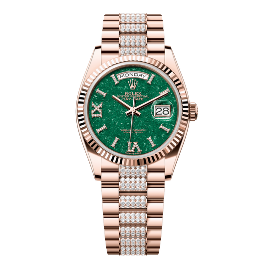 Rolex Day-Date 36 mm Green Aventurine Diamonds 18k Everose Gold President 128235-0069
