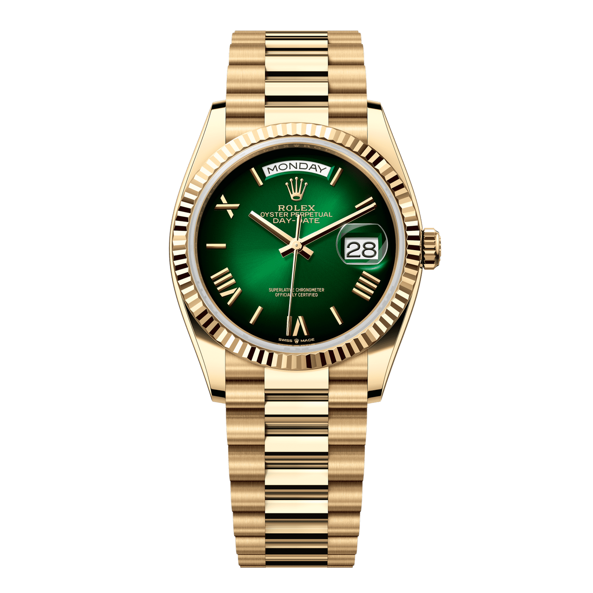 Rolex Day-Date 36 mm Green Ombré 18k Yellow Gold President 128238-0118
