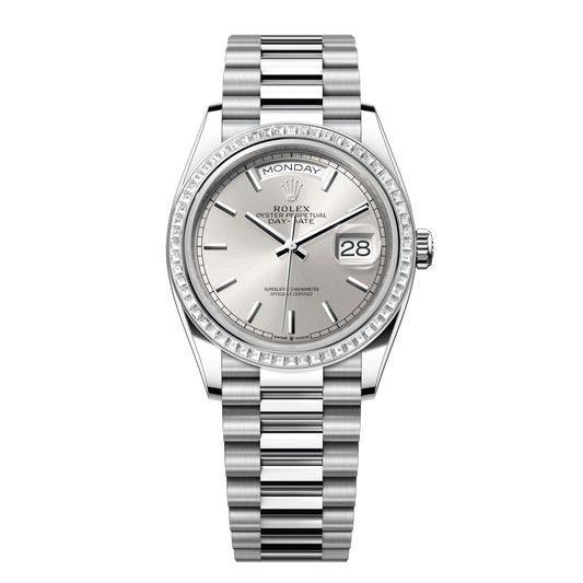 Rolex Day-Date 36 mm Silver Diamonds Platinum President 128396tbr-0004