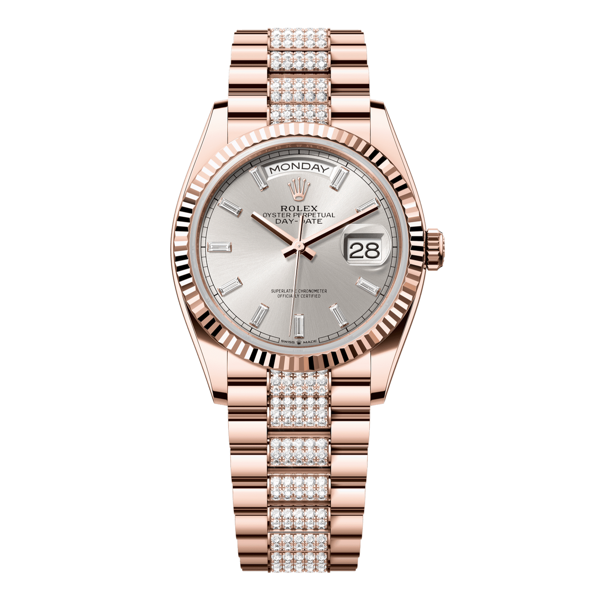 Rolex Day-Date 36 mm Silver Diamonds 18k Everose Gold President 128235-0088