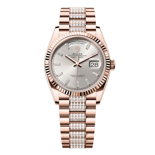 Rolex Day-Date 36 mm Silver Diamonds 18k Everose Gold President 128235-0088