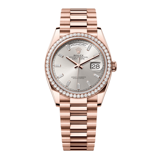 Rolex Day-Date 36 mm Silver Diamonds 18k Everose Gold President 128345rbr-0081