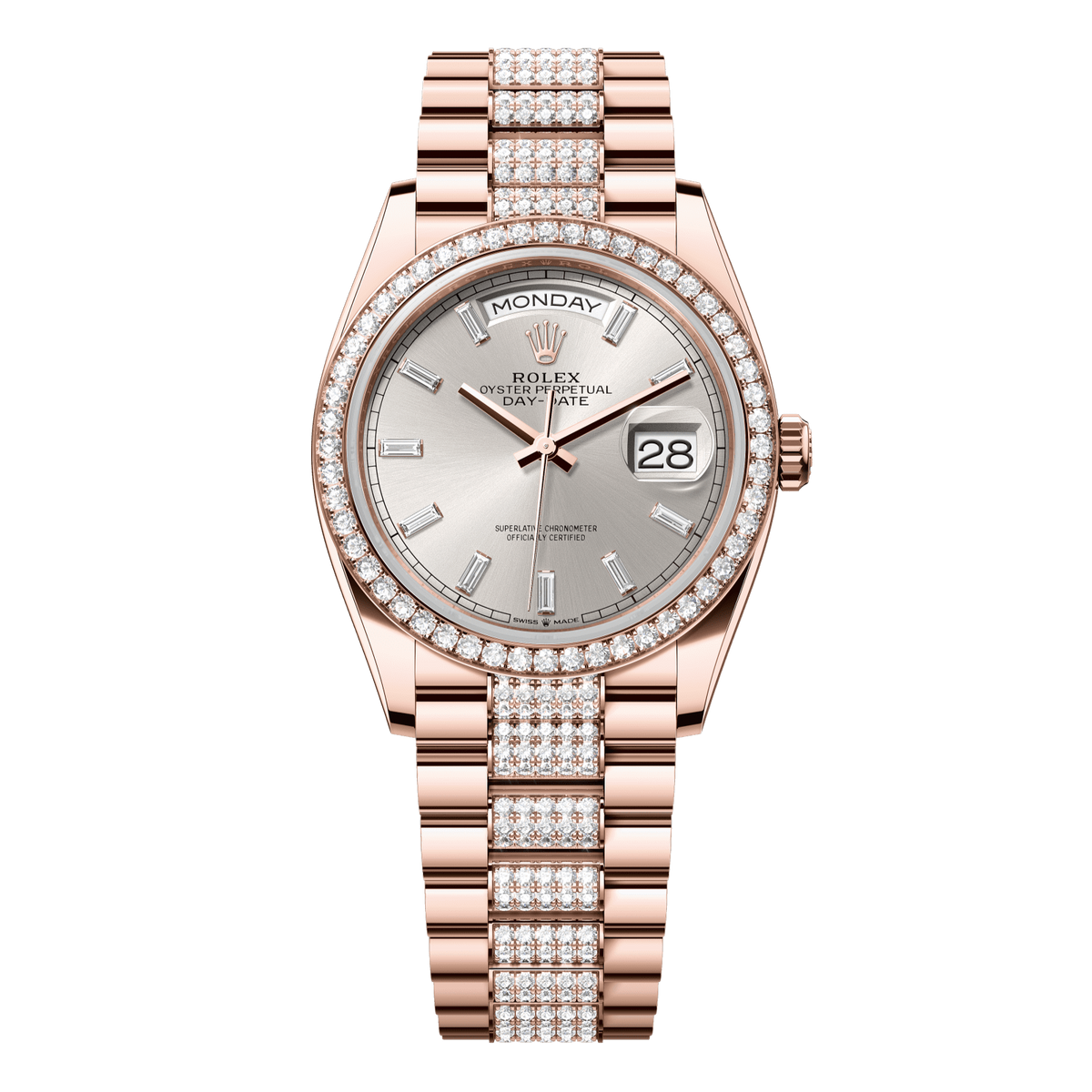 Rolex Day-Date 36 mm Silver Diamonds 18k Everose Gold President 128345rbr-0082
