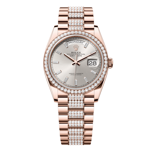 Rolex Day-Date 36 mm Silver Diamonds 18k Everose Gold President 128345rbr-0082
