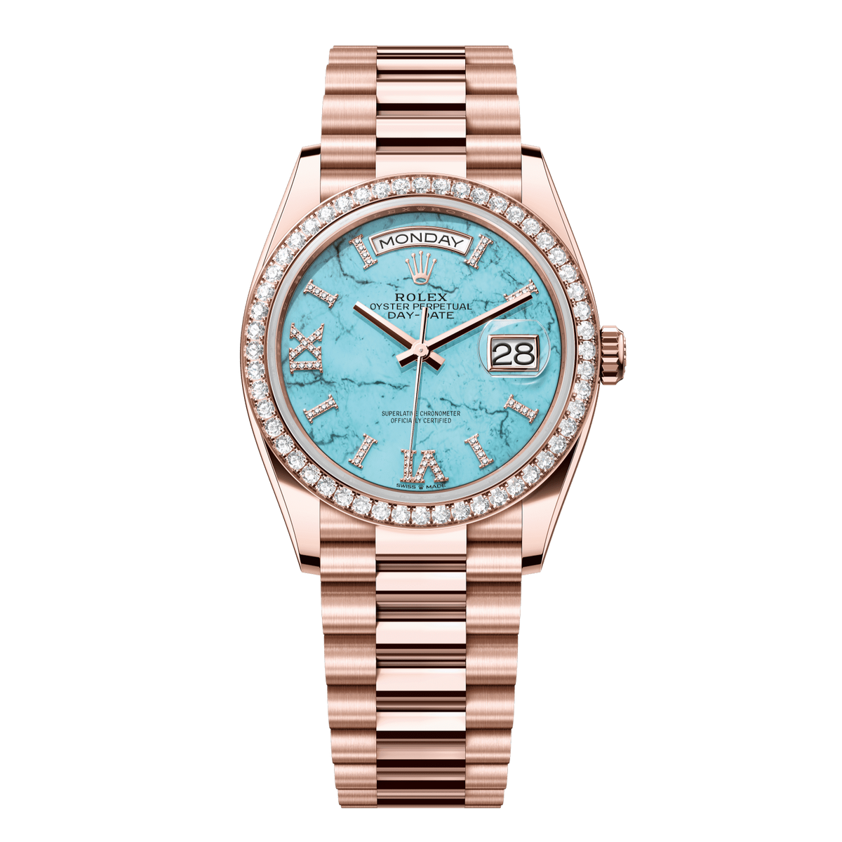Rolex Day-Date 36 mm Turquoise Diamonds 18k Everose Gold President 128345rbr-0064