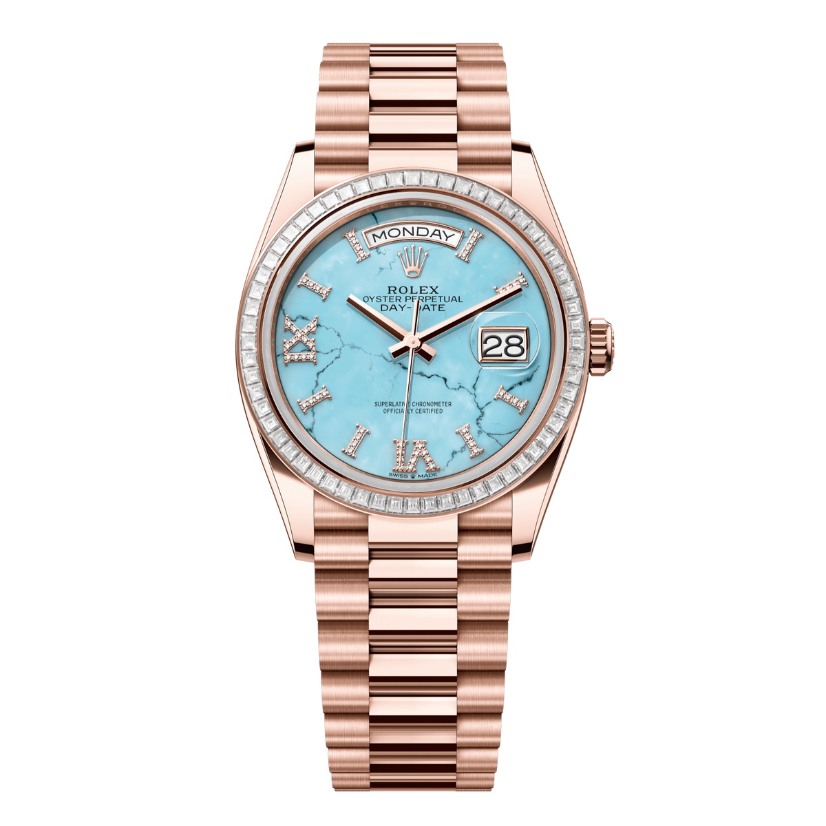 Rolex Day-Date 36 mm Turquoise Diamonds 18k Everose Gold President 128395tbr-0018