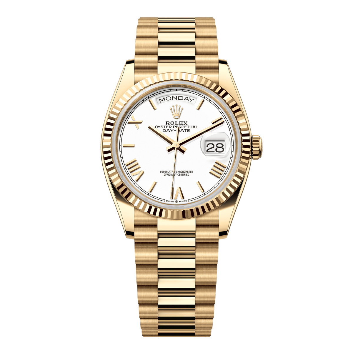 Rolex Day-Date 36 mm White 18k Yellow Gold President 128238-0113