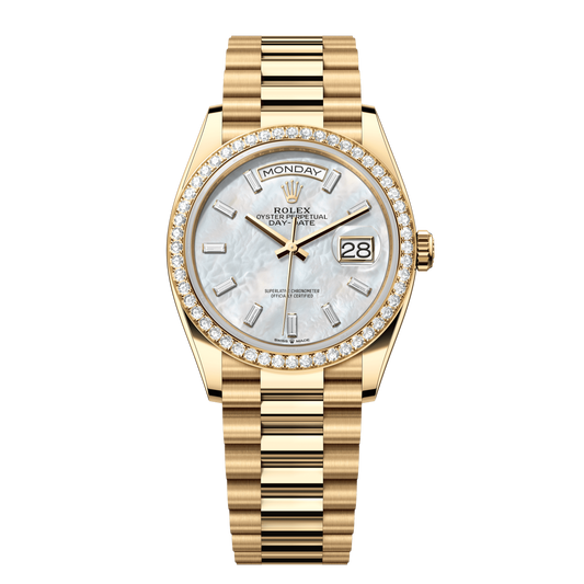 Rolex Day-Date 36 mm White Mother-of-Pearl Diamonds 18k Yellow Gold President 128348rbr-0070
