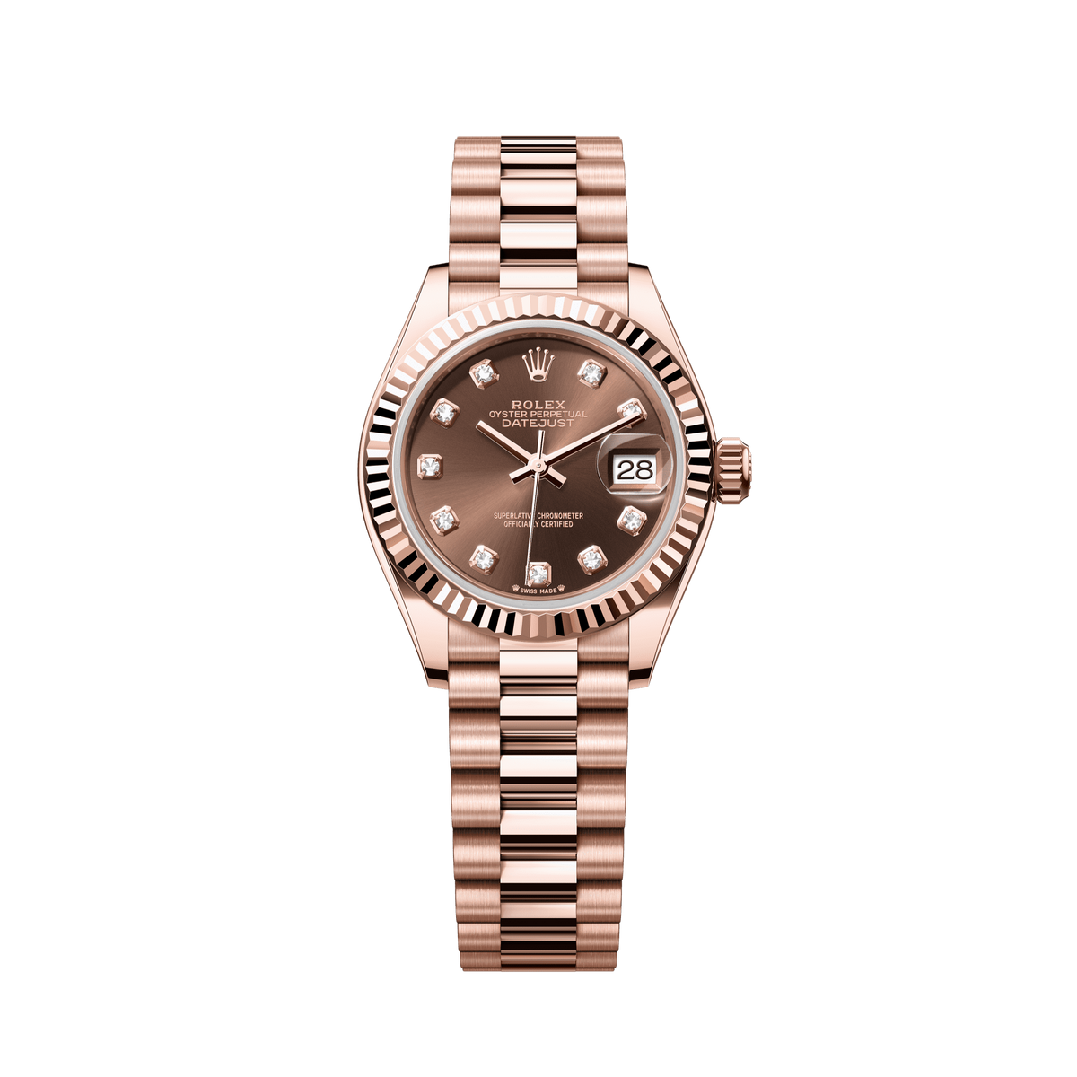 Rolex Oyster 28 mm Chocolate Diamond 18k Everose Gold President 279175-0016