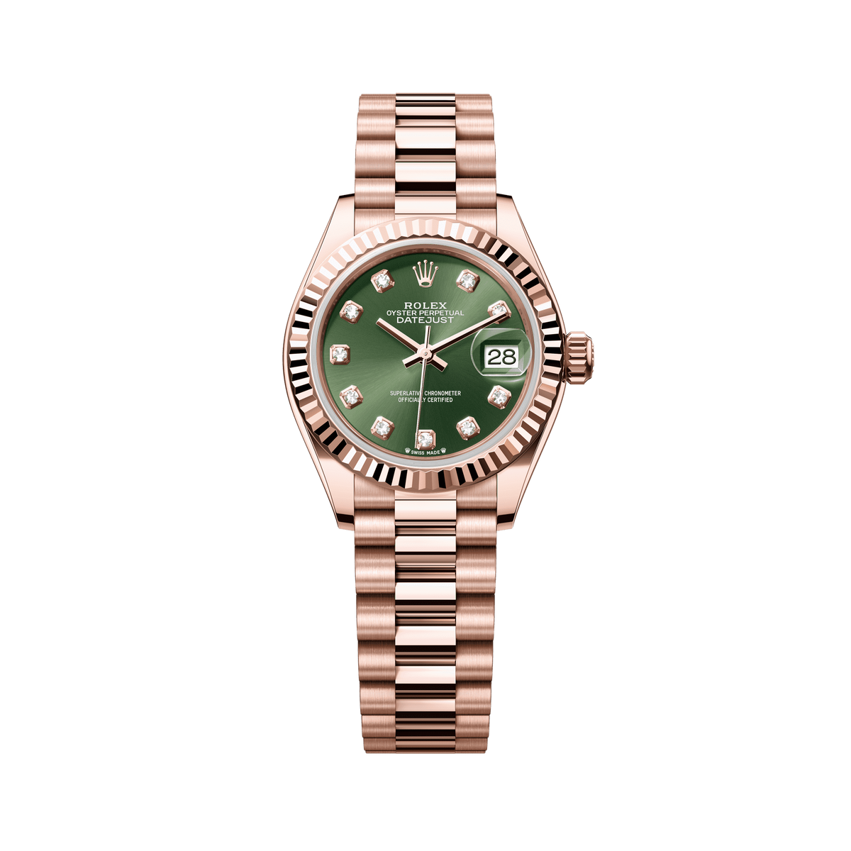 Rolex Oyster 28 mm Olive Green Diamond Everose Gold President 279175-0009
