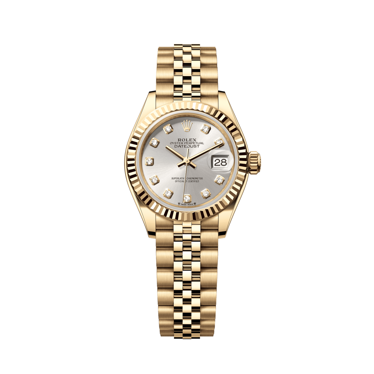 Rolex Oyster 28 mm Yellow Gold Silver Diamond Dial Bracelet 279178-0016
