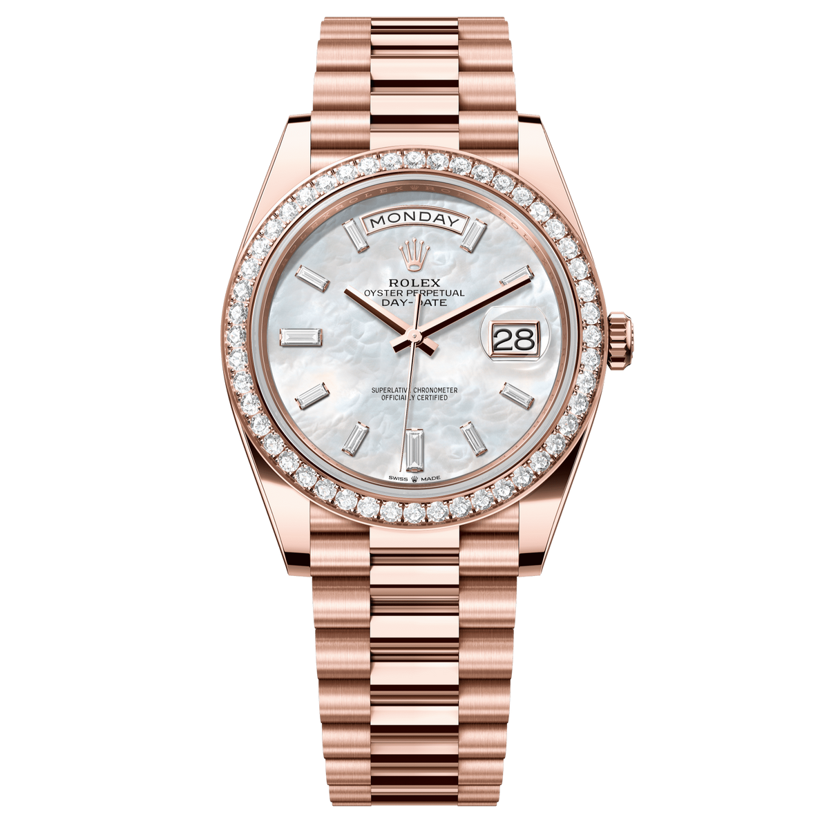 Rolex Oyster 40 mm White Mother-Of-Pearl Diamonds 18k Everose Gold President 228345rbr-0026