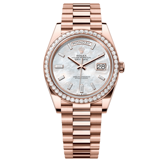 Rolex Oyster 40 mm White Mother-Of-Pearl Diamonds 18k Everose Gold President 228345rbr-0026